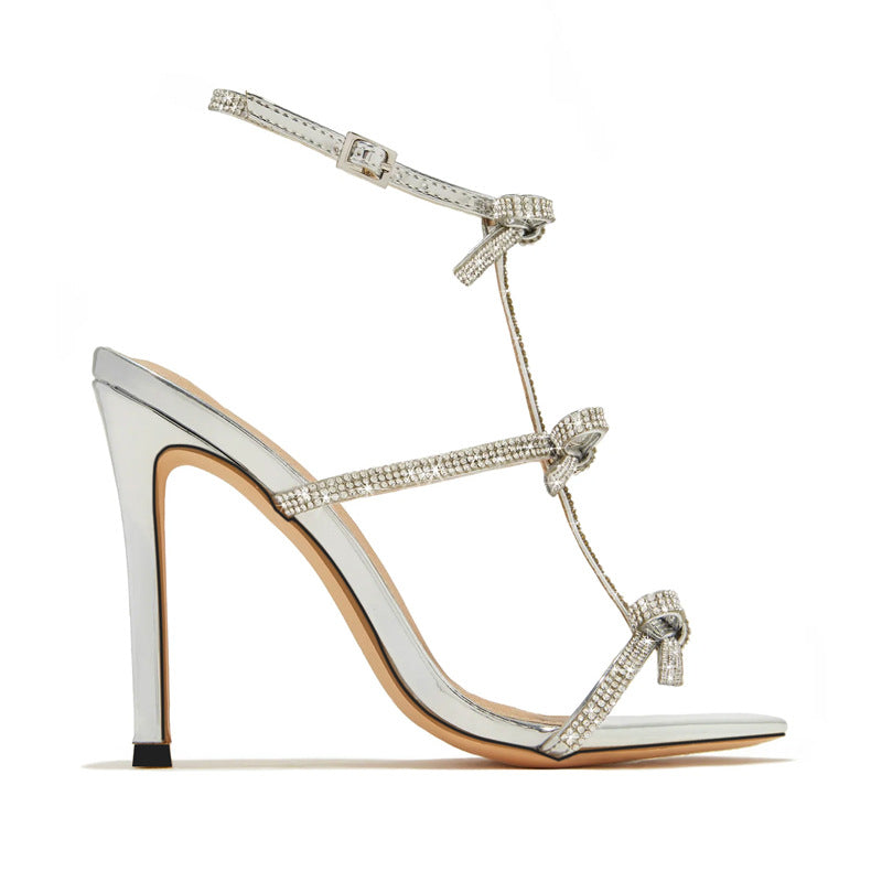 Sparkly Rhinestone Bow Ankle Strap Stilettos Heels  H10
