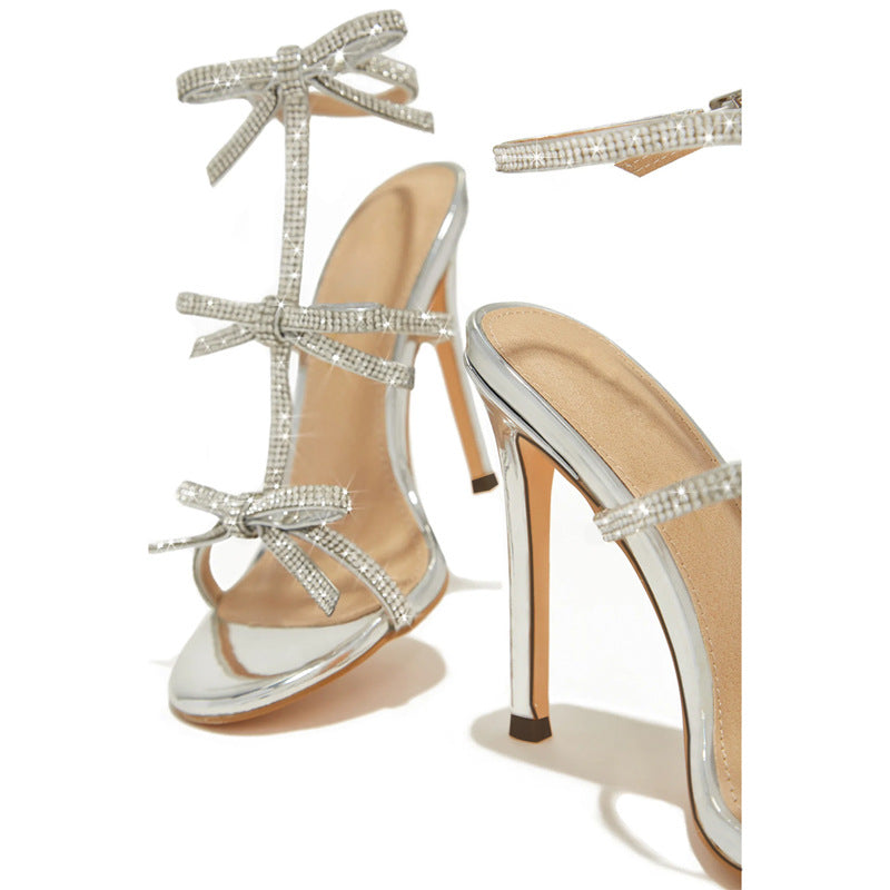 Sparkly Rhinestone Bow Ankle Strap Stilettos Heels  H10