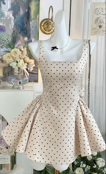 Square Neck A Line Polka Dot Birthday Dress Short Homecoming Dress  J10998