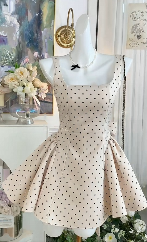 Square Neck A Line Polka Dot Birthday Dress Short Homecoming Dress  J10998