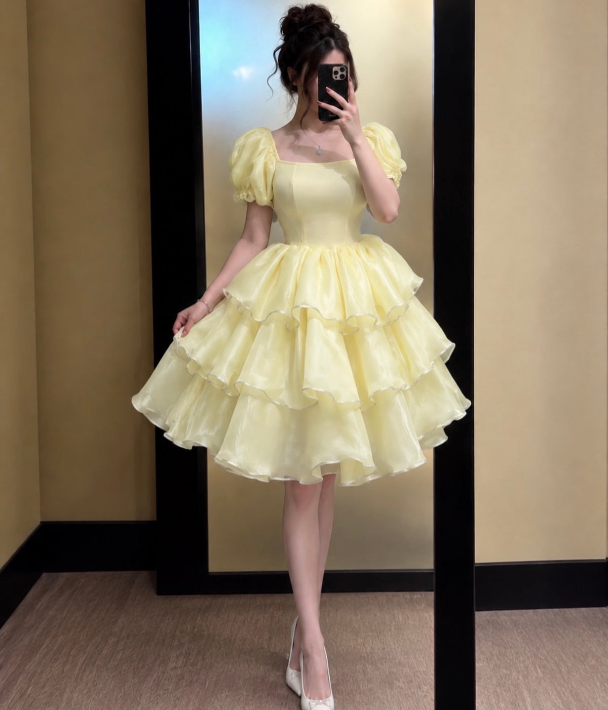 Square Neck Yellow A Line Birthday Dress Layered Homecoming Dress  J12133