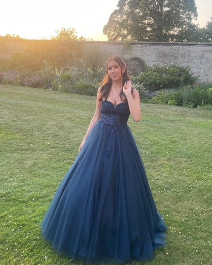 Strapless A Line Appliqued Tulle Formal Prom Dress  J11795