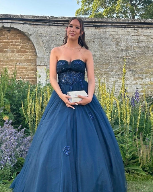 Strapless A Line Appliqued Tulle Formal Prom Dress  J11795