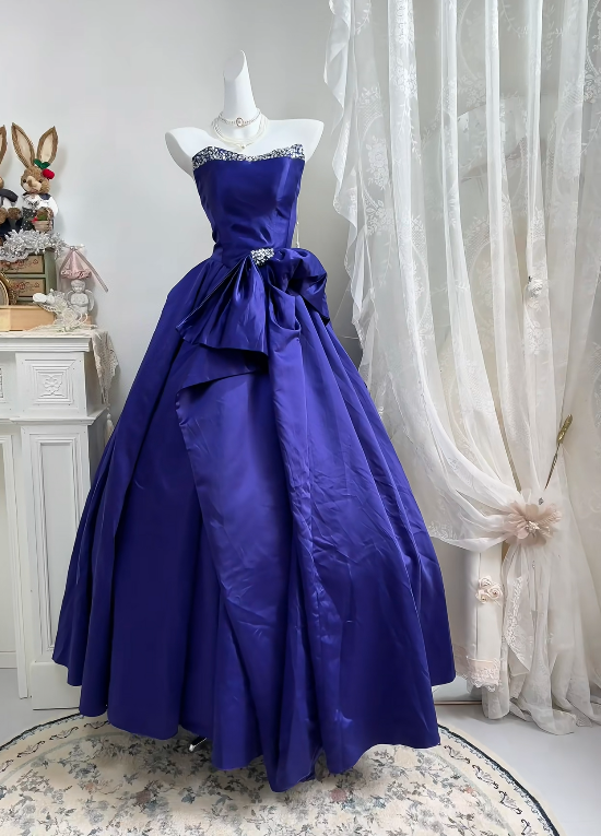 Trägerloses silbernes Vintage-Abendkleid, A-Linie, Geburtstagskleid J9370