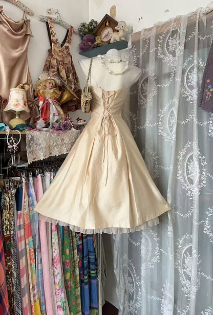 Trägerloses silbernes Vintage-Abendkleid, A-Linie, Geburtstagskleid J9370