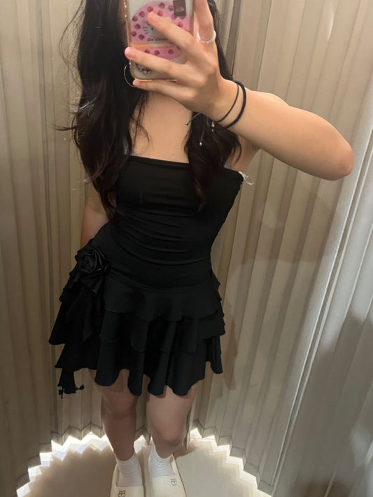 Strapless A Line Black Chiffon Homecoming Dress Short Birthday Dress J11123