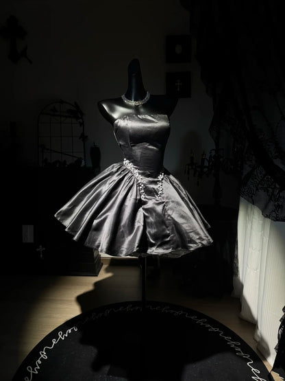 Trägerloses silbernes Vintage-Abendkleid, A-Linie, Geburtstagskleid J9370