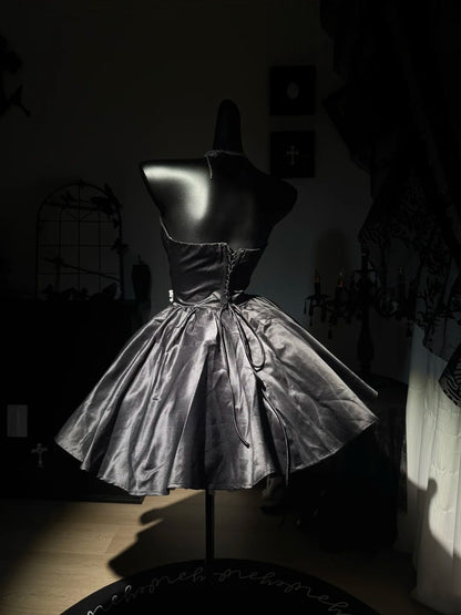 Trägerloses silbernes Vintage-Abendkleid, A-Linie, Geburtstagskleid J9370