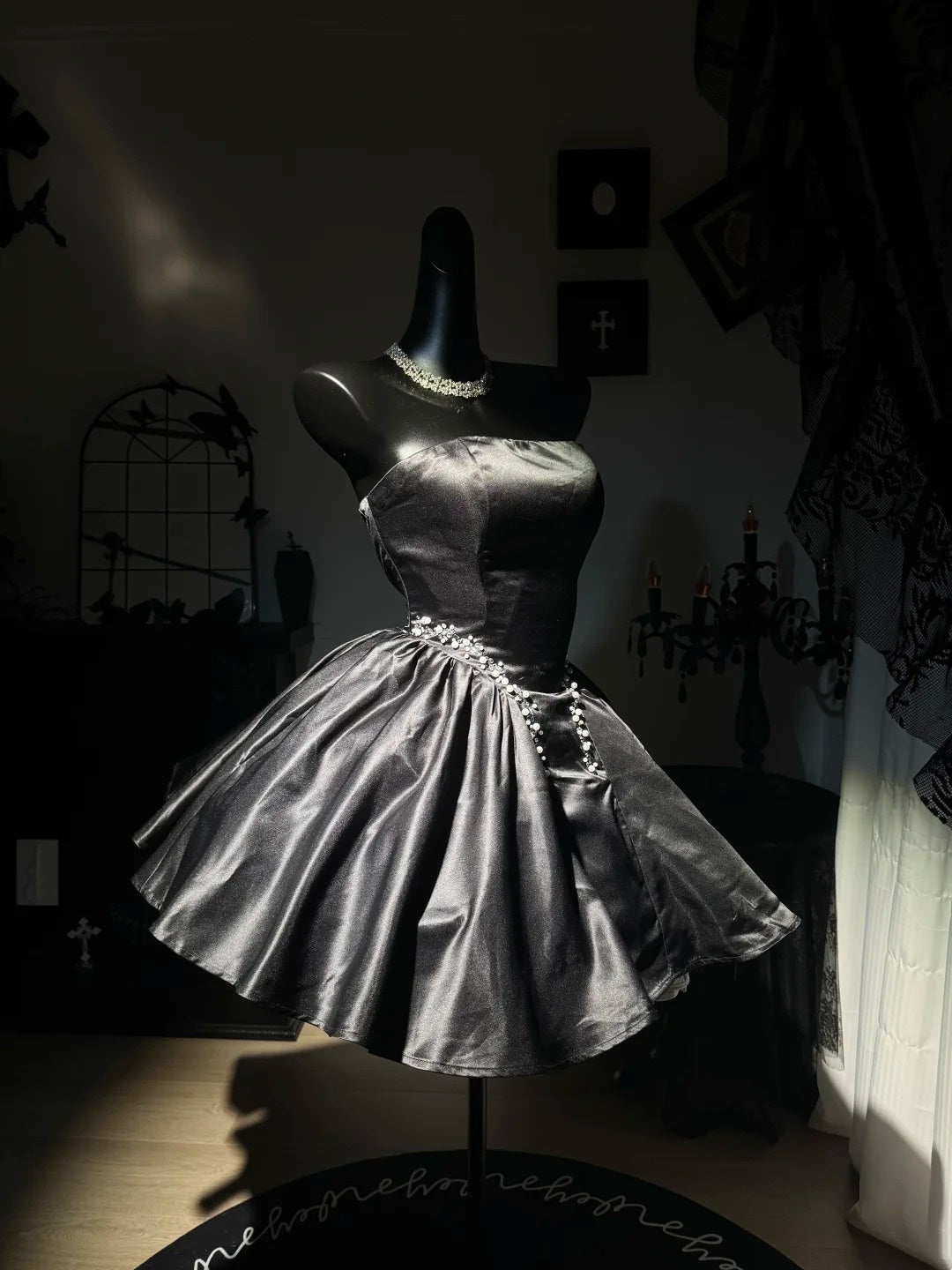 Trägerloses silbernes Vintage-Abendkleid, A-Linie, Geburtstagskleid J9370