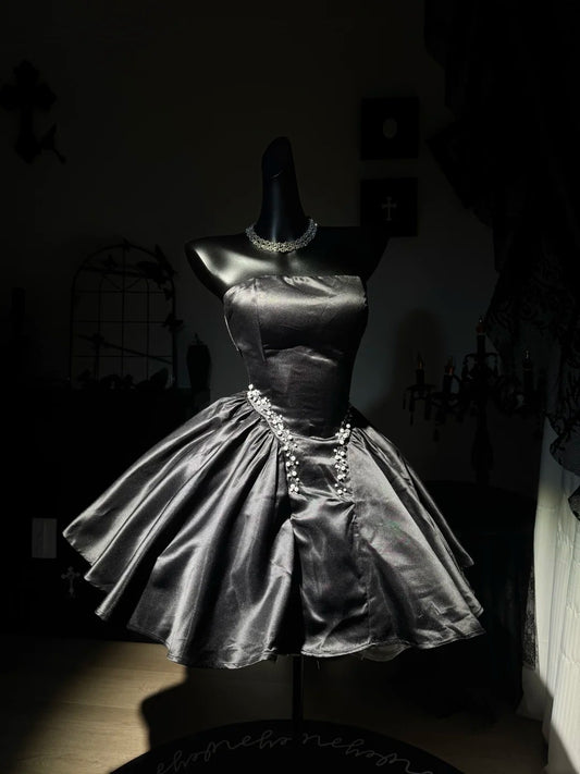 Trägerloses silbernes Vintage-Abendkleid, A-Linie, Geburtstagskleid J9370