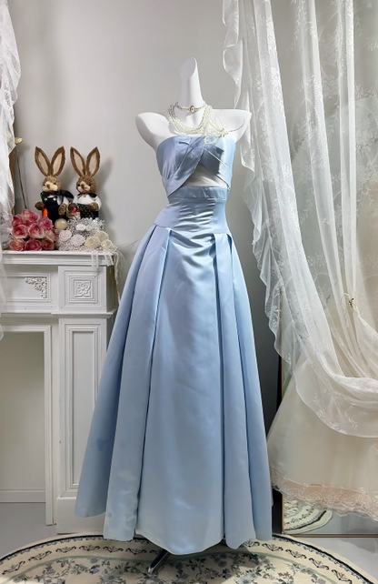 Strapless A Line Blue Satin Formal Prom Dress Satin Evening Dress  J11173
