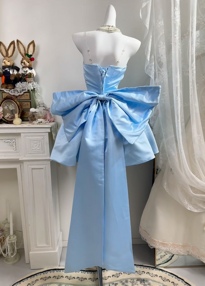 Strapless A Line Blue Satin Homecoming Dress Short Birthday Dress With Bow Knot  J11172
