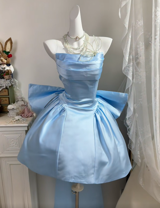 Strapless A Line Blue Satin Homecoming Dress Short Birthday Dress With Bow Knot  J11172