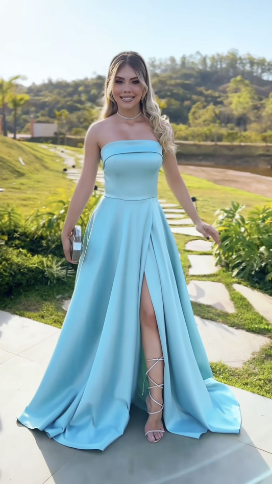 Strapless A Line Blue Satin Prom Dress With Slit J9976