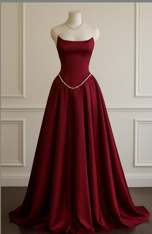 Strapless A Line Burgundy Satin Birthday Dress Formal Prom Dress J9983