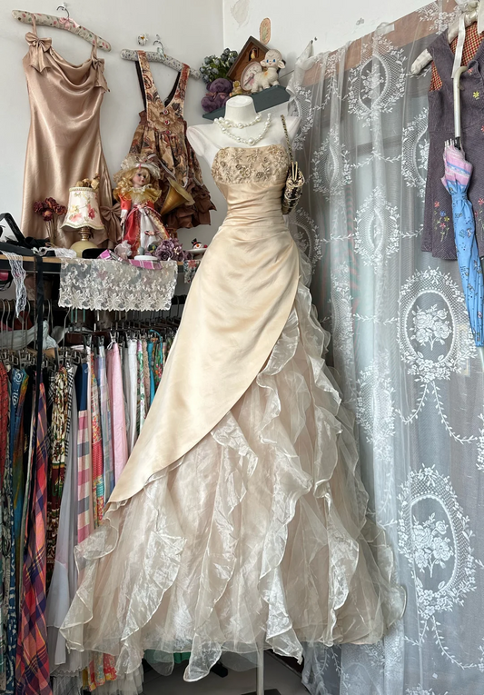 Trägerloses silbernes Vintage-Abendkleid, A-Linie, Geburtstagskleid J9370