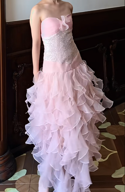 Strapless A Line Chiffon Ruffle Prom Dress Ruffled Formal Dress J9682