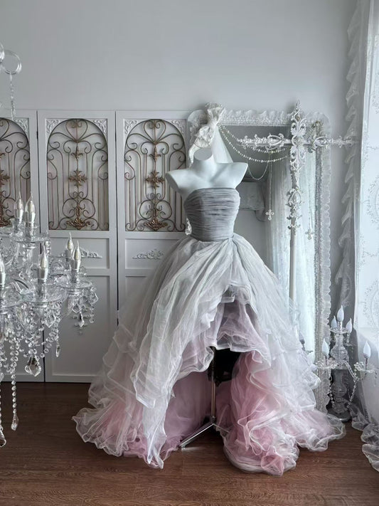 Strapless A Line Gray Tulle Prom Dress Elegant Birthday Dress  J11010
