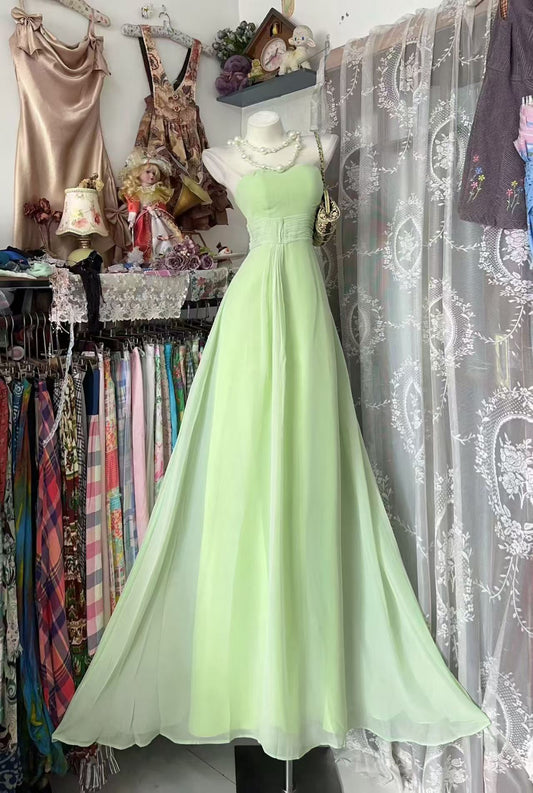 Strapless A Line Green Chiffon Prom Dress Formal Wedding Guest Dress J10865