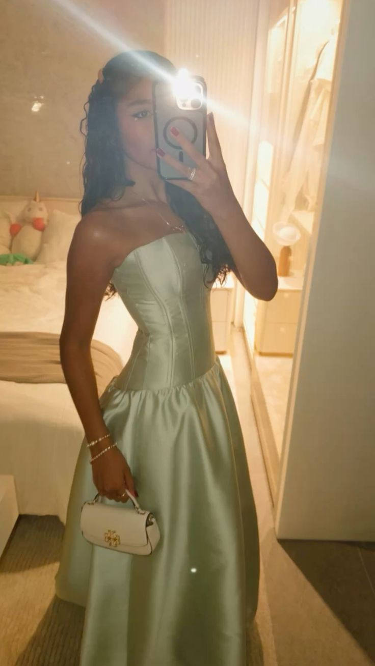 Strapless A Line Green Satin Prom Dress Formal Wedding Guest Dress  J9963