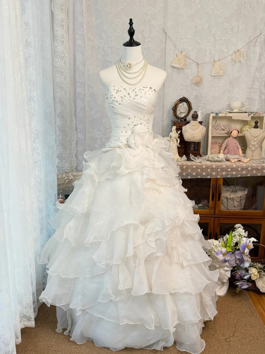Strapless A Line Ivory Birthday Dress Ruffed Layered Formal Prom Dress  J10496