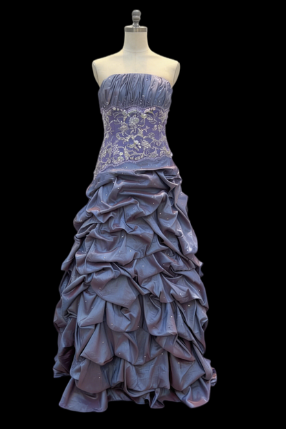 Trägerloses silbernes Vintage-Abendkleid, A-Linie, Geburtstagskleid J9370