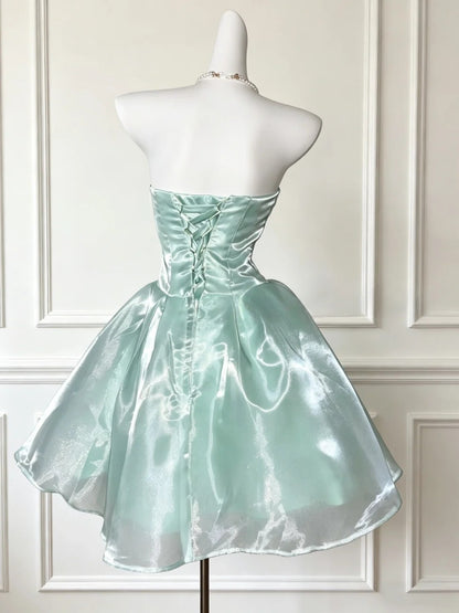 Trägerloses silbernes Vintage-Abendkleid, A-Linie, Geburtstagskleid J9370