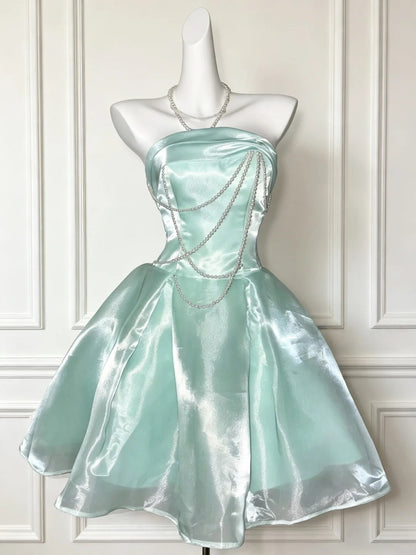 Trägerloses silbernes Vintage-Abendkleid, A-Linie, Geburtstagskleid J9370