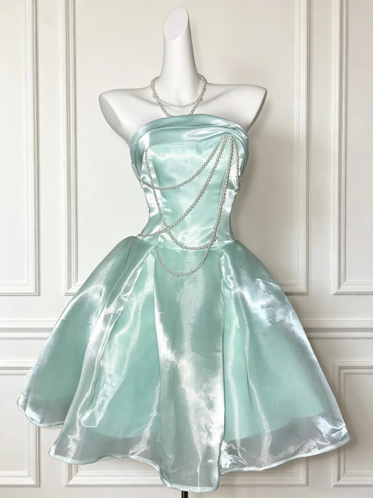 Trägerloses silbernes Vintage-Abendkleid, A-Linie, Geburtstagskleid J9370