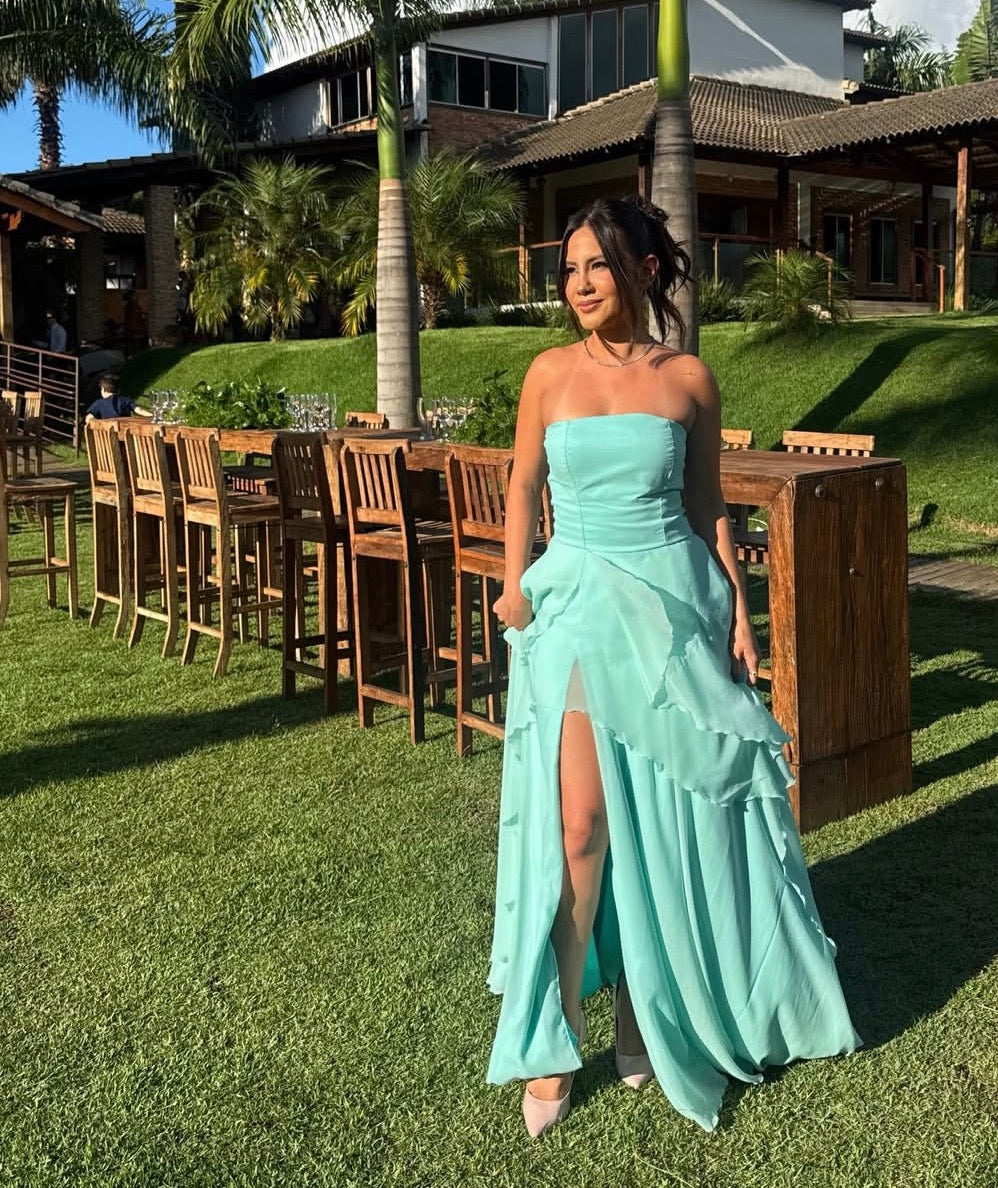 Strapless A Line Mint Green Summer Wedding Guest Dress With Slit  J10042