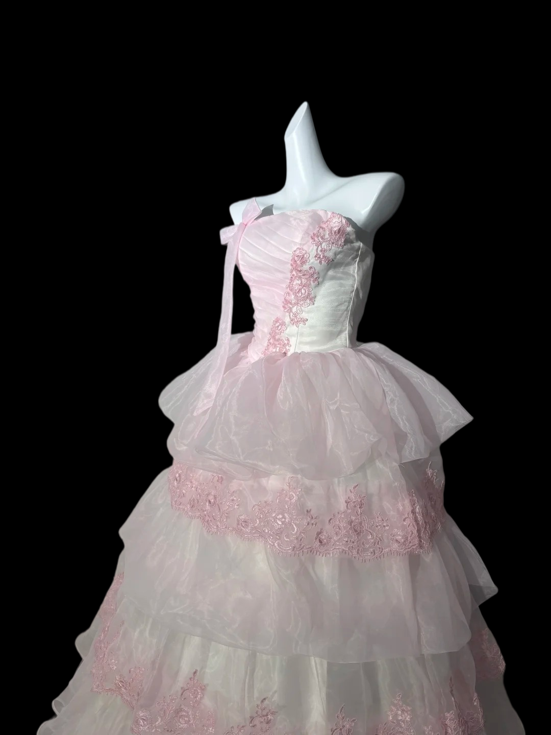Strapless A Line Pink Appliques Prom Dress Layered Birthday Gown  J10334