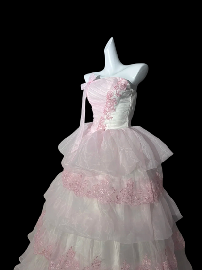 Strapless A Line Pink Appliques Prom Dress Layered Birthday Gown  J10334