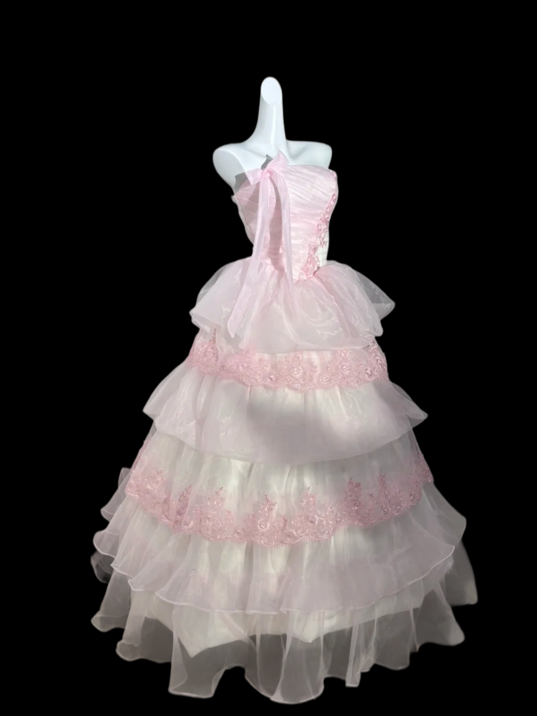 Strapless A Line Pink Appliques Prom Dress Layered Birthday Gown  J10334