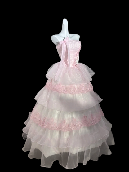 Strapless A Line Pink Appliques Prom Dress Layered Birthday Gown  J10334