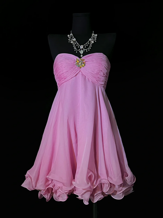 Strapless A Line Pink Chiffon Homecoming Dress Ruffled Birthday Dress J10163