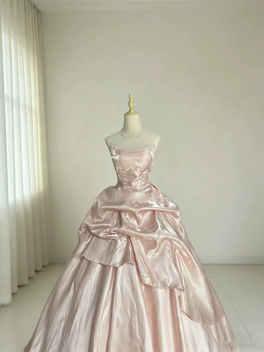 Strapless A Line Pink Formal Prom Dress Beaded Birthday Dress  J10339