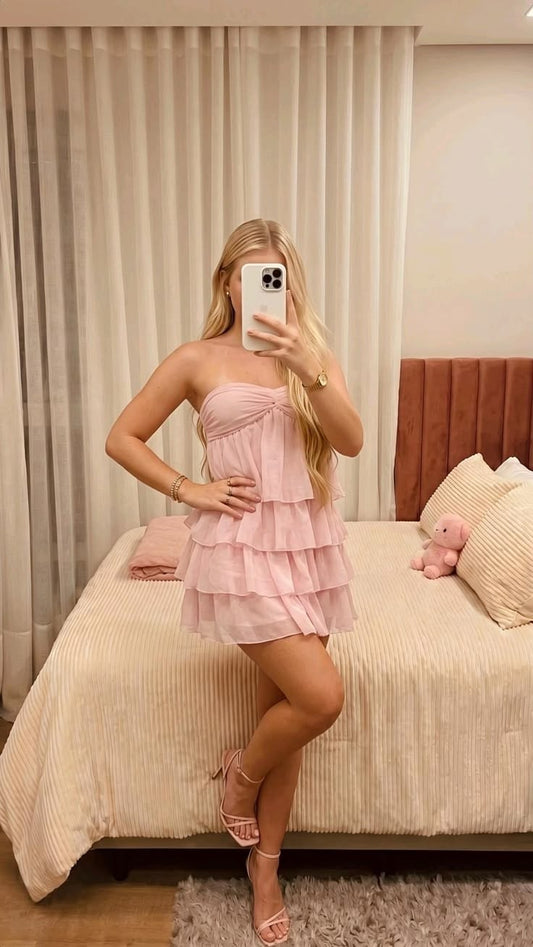 Strapless A Line Pink Homecoming Dress Layered Party Dress  J11122