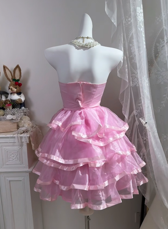 Strapless A Line Pink Homecoming Dress Ruffled Birthday Dress  J11157