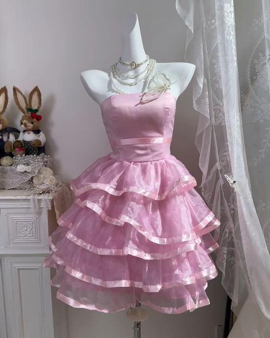 Strapless A Line Pink Homecoming Dress Ruffled Birthday Dress  J11157