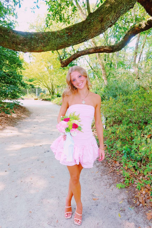 Strapless A Line Pink Homecoming Dress Short Birthday Dress  J11475
