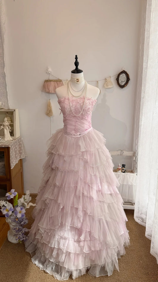 Strapless A Line Pink Layered Prom Dress Chiffon Birthday Dress  J10318
