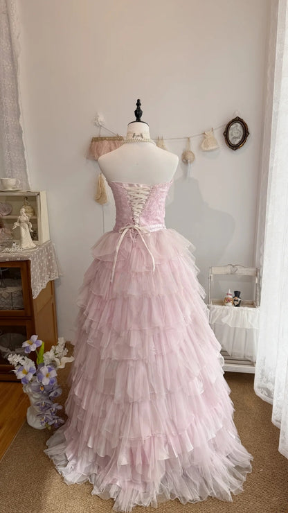 Strapless A Line Pink Layered Prom Dress Chiffon Birthday Dress  J10318