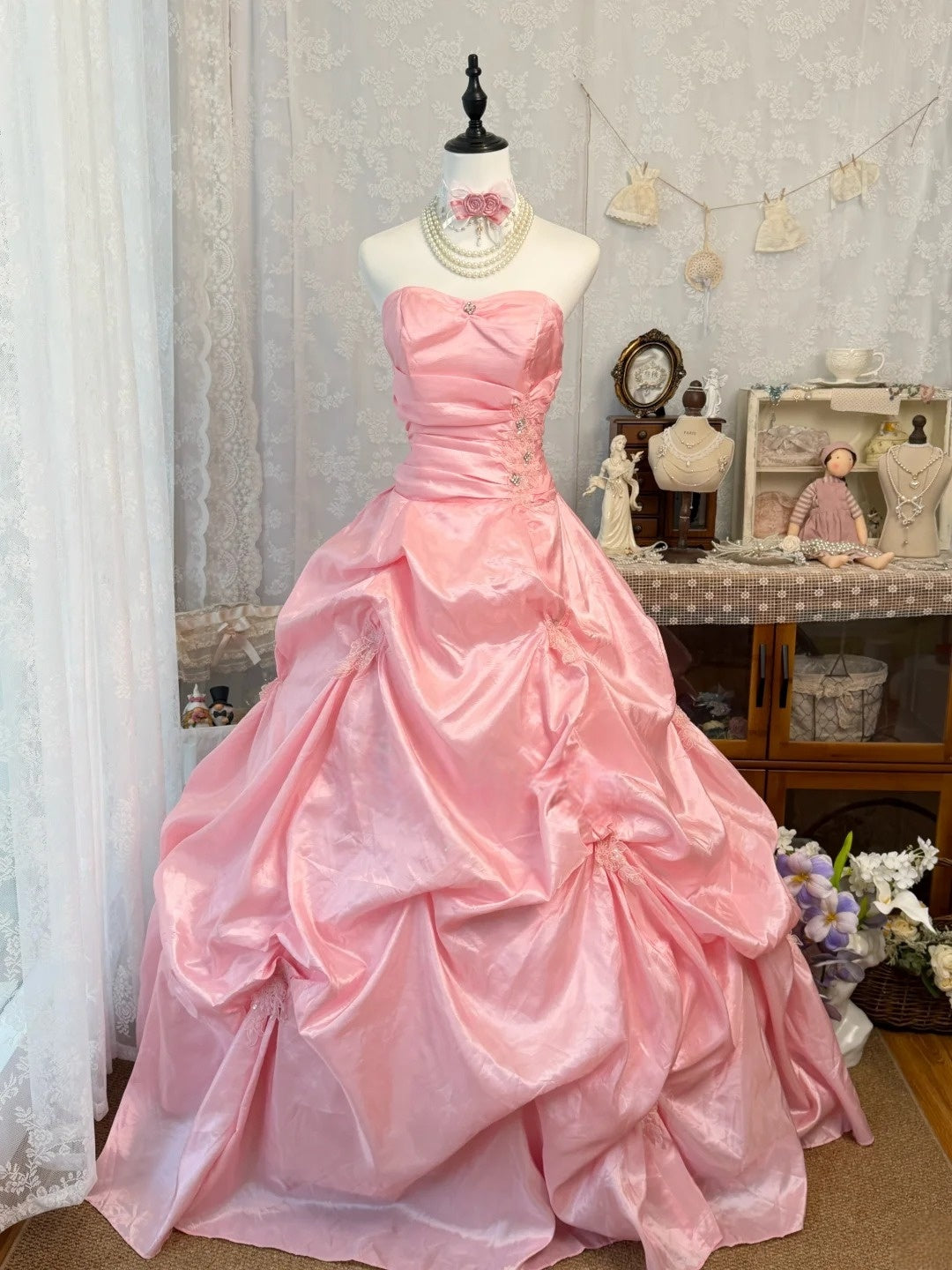 Strapless A Line Pink Prom Dress Ball Gown Birthday Dress  J10495