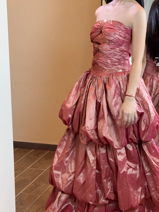 Trägerloses silbernes Vintage-Abendkleid, A-Linie, Geburtstagskleid J9370