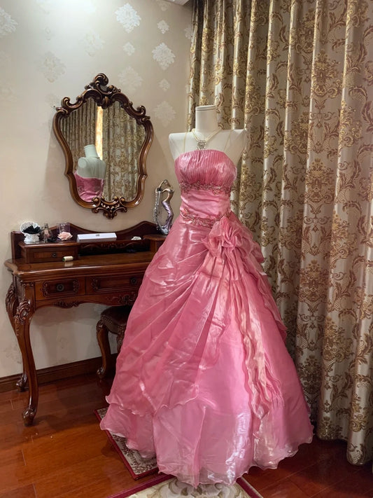 Strapless A Line Pink Prom Dress With Appliques Sweet Birthday Dress J10405