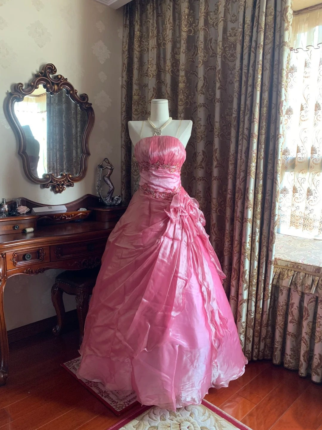 Trägerloses silbernes Vintage-Abendkleid, A-Linie, Geburtstagskleid J9370