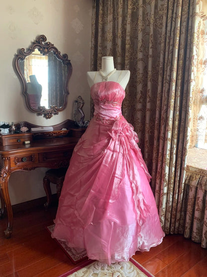 Trägerloses silbernes Vintage-Abendkleid, A-Linie, Geburtstagskleid J9370