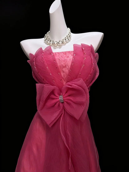 Strapless A Line Pink Retro Formal Prom Dress Organza Birthday Dress  J10890