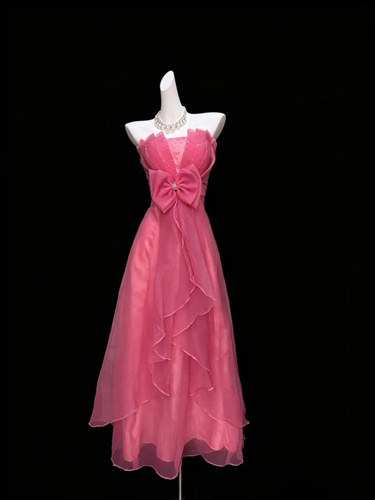 Strapless A Line Pink Retro Formal Prom Dress Organza Birthday Dress  J10890