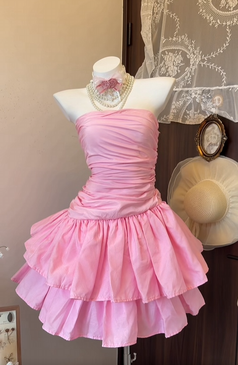 Strapless A Line Pink Satin Homecoming Dress Layered Birthday Dress  J11160